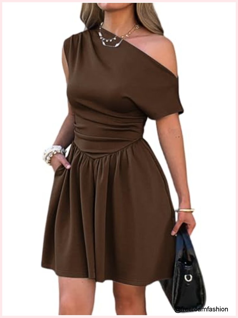 One Shoulder Ruched Drop Waist Mini Dress With Pockets, Fit & Flare, Short